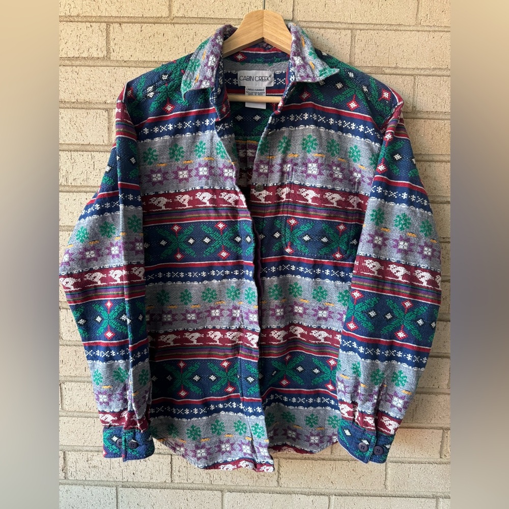 Cabin Creek Vintage Winter Holiday Themed Patterned Knit Longsleeve Cotton Shirt